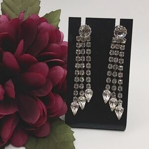 Rhinestone 3 Strand Long Dangle Sloping Pierced Earrings Waterfall Clear Sparkle